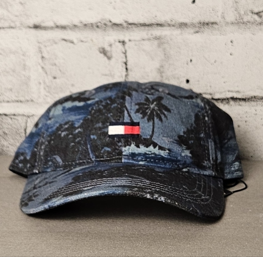 Tommy Hilfiger Palm Print Strapback Hat Blue Tropical Dad Cap NWT
